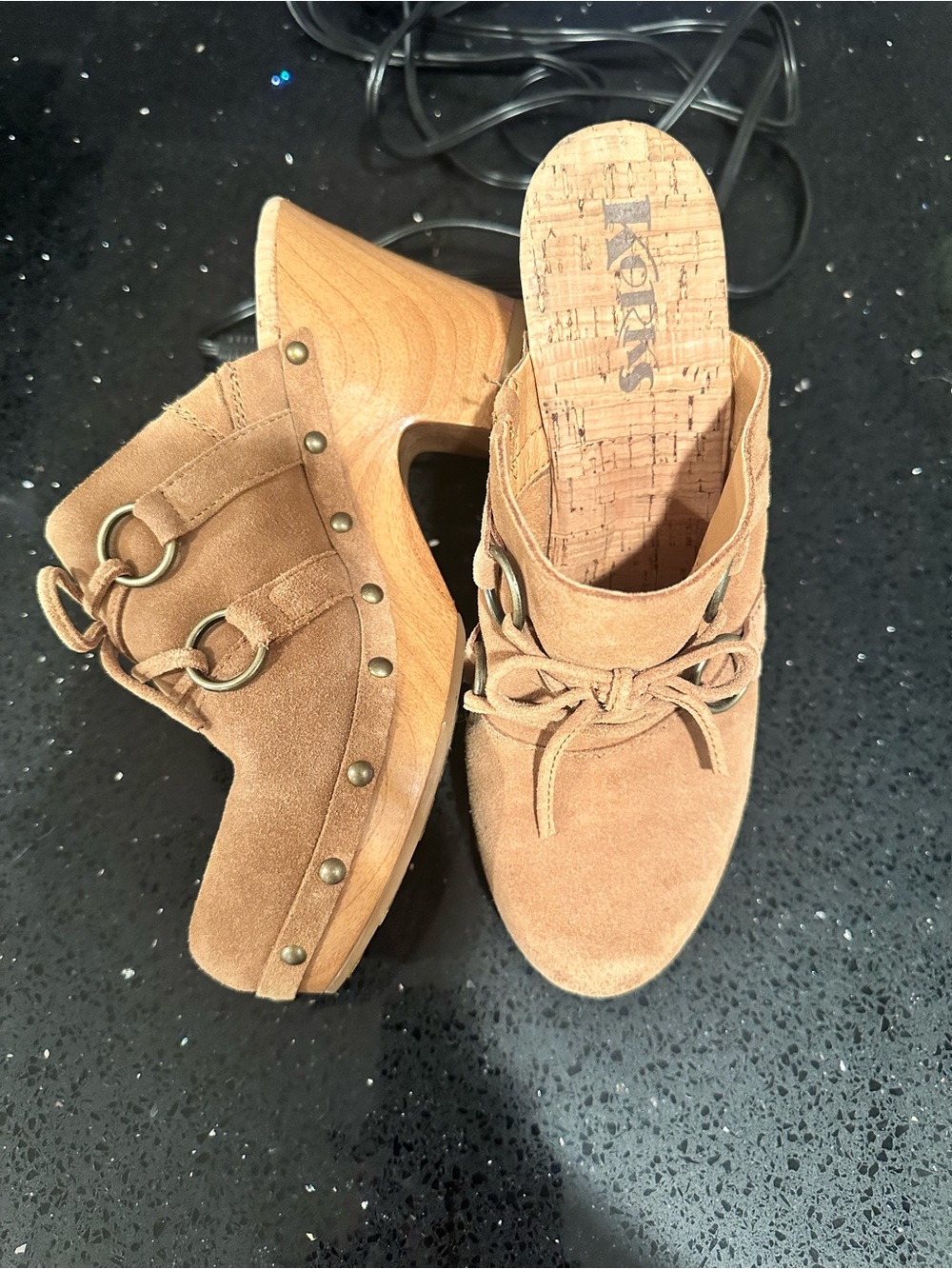 Kork-Ease Brown Suede Mules with Wooden Heel size 8 Leather